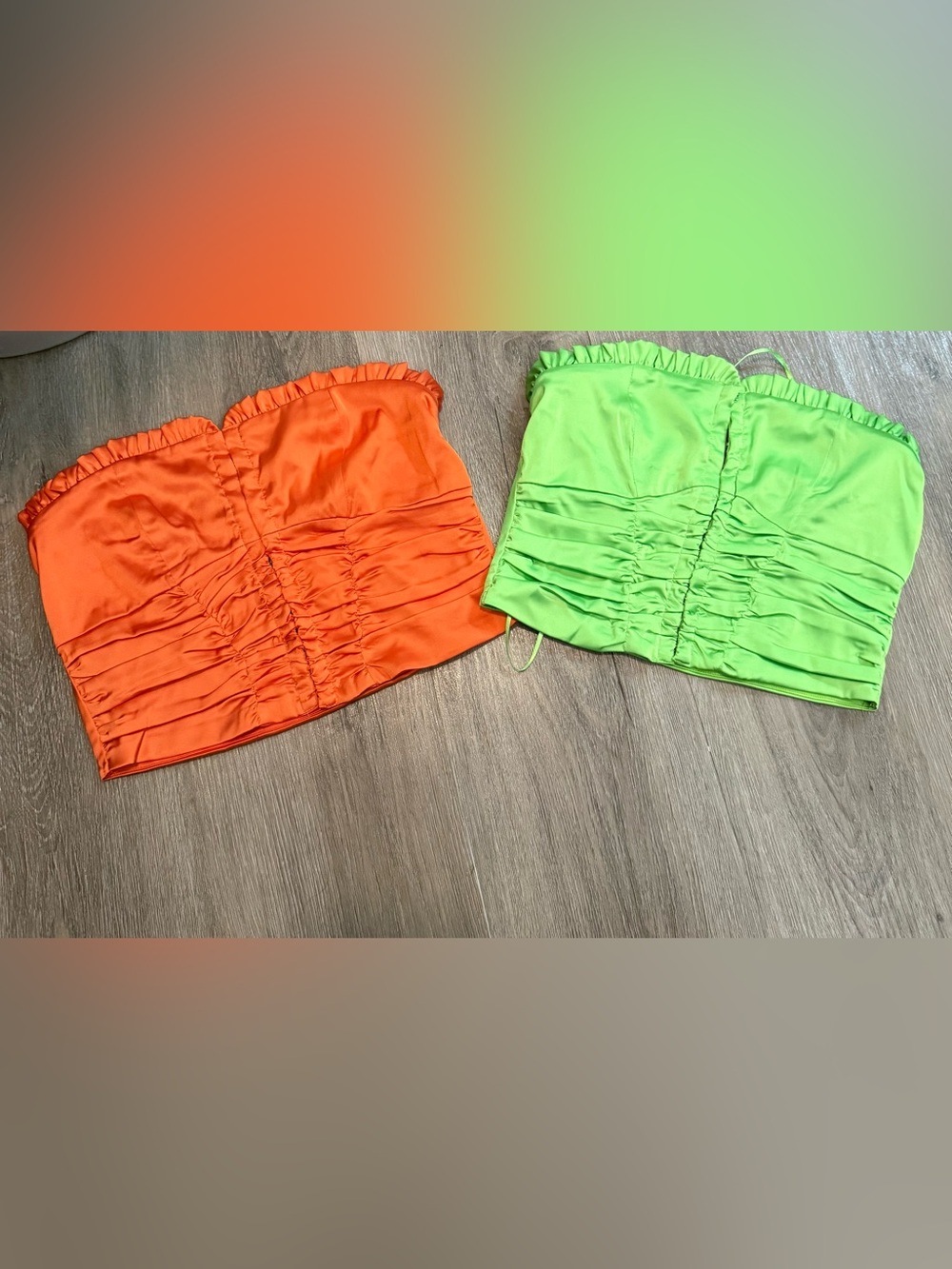 Ruched Satin Tube Tops in Neon Orange and Lime Green